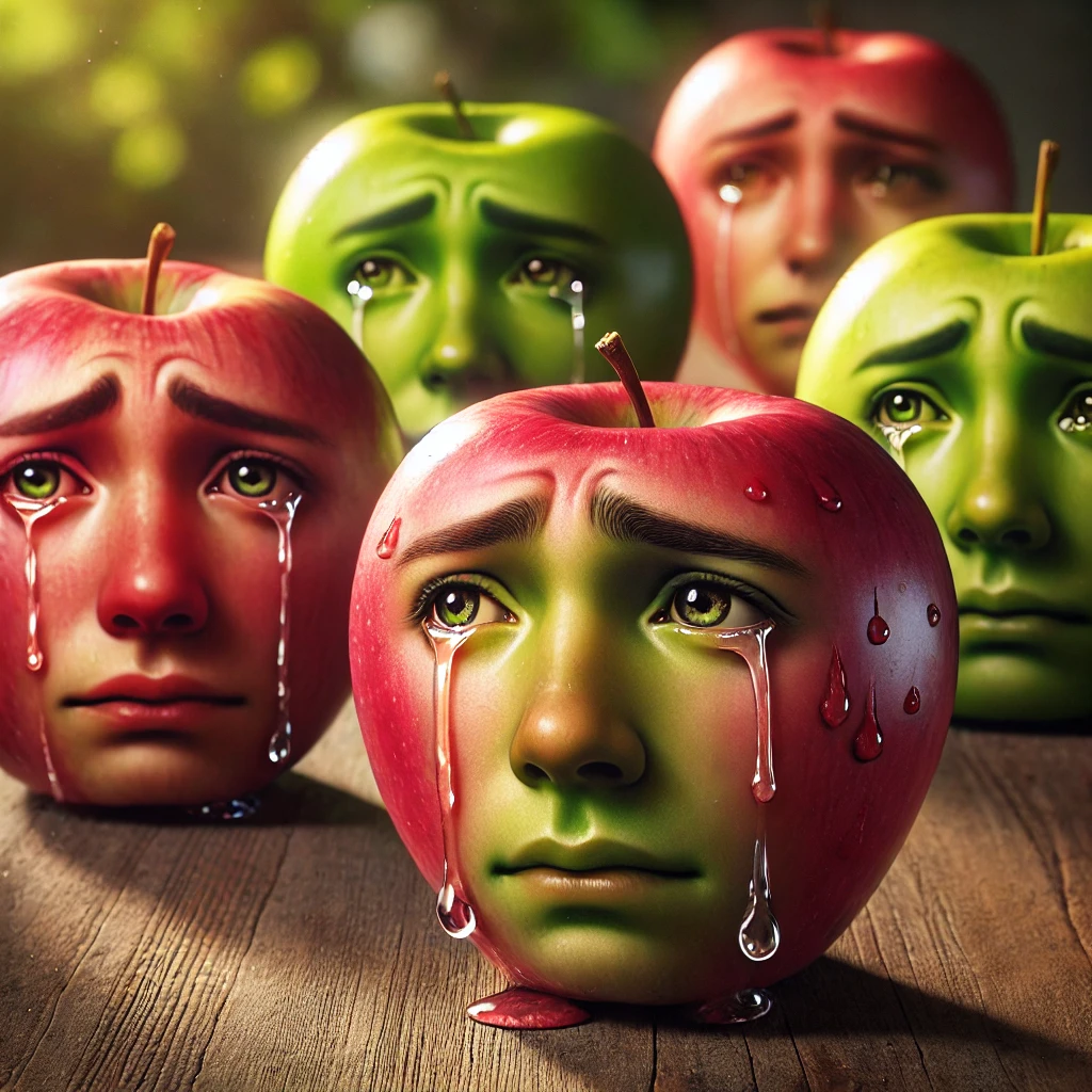 DALL·E 2025-01-18 04.57.42 - A realistic depiction of apples with human-like faces showing expressions of sadness, with te.webp